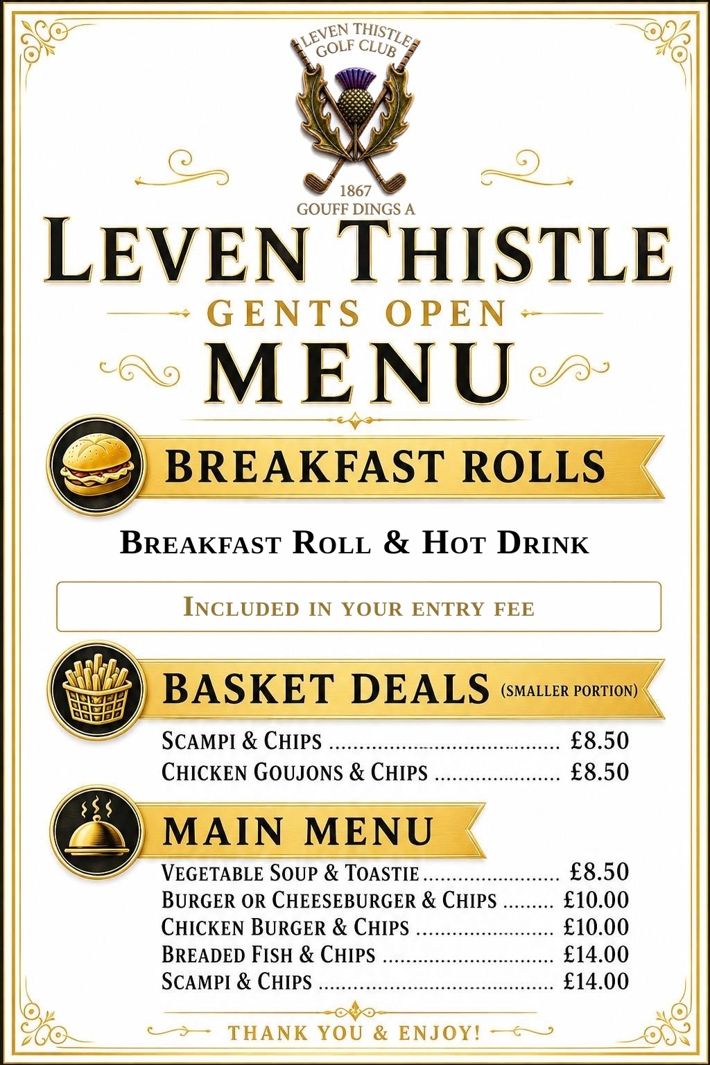 Leven Thistle Gents Open menu — breakfast rolls, basket deals and main menu with prices